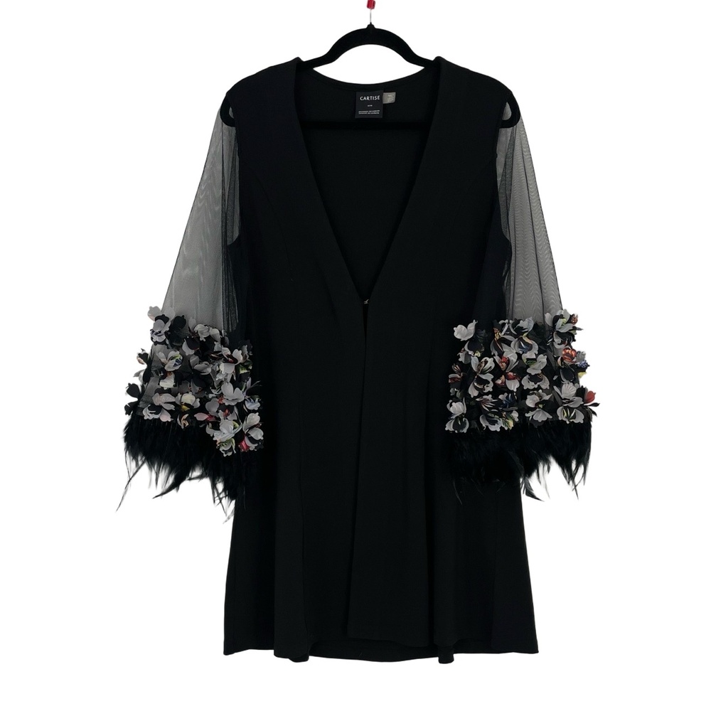 CARTISE Women's Black Floral Feather Sheer Sleeve V-Neck Tunic Top Size S/M